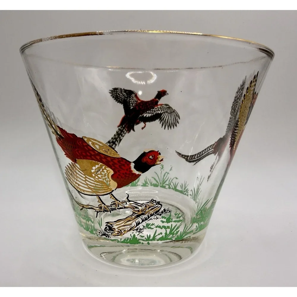 Ice Bucket Bowl Hazel Atlas Pheasant Glass Gold Trim Red Black Vintage MCM